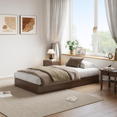 Wood Platform Bed w/ Sturdy Wooden Slats, Floor-Standing Bed Frame, Modern Minimalist Design Space-Saving Bed Frame, No Box Spring Needed