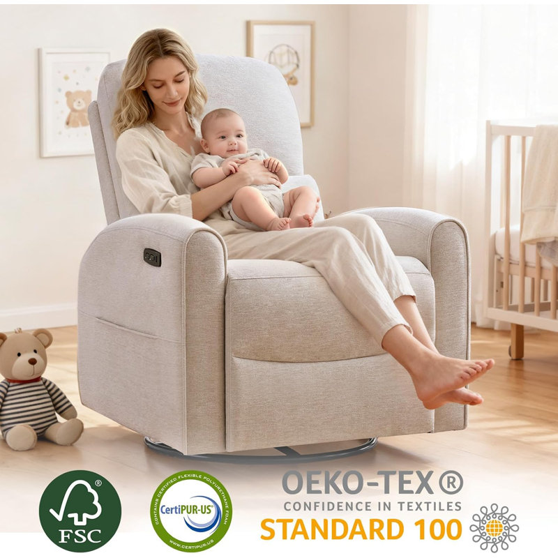 Modern Chenille Power Swivel Rocker Glider Nursery Recliner with Lumbar Support,Round Armrest and Double Pocket,USB and Type-C
