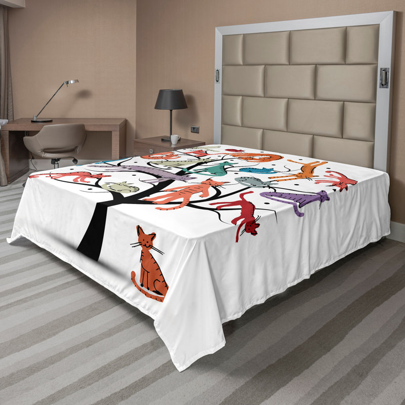 Ambesonne Colorful Top Flat Sheet Cat Tree with Kittens Multicolor, Full Flat Sheet