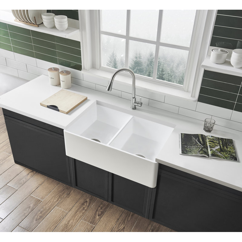 Kingston Brass Arcticstone 36-Inch Solid Surface White Stone Apron-Front Double Bowl Farmhouse Kitchen Sink