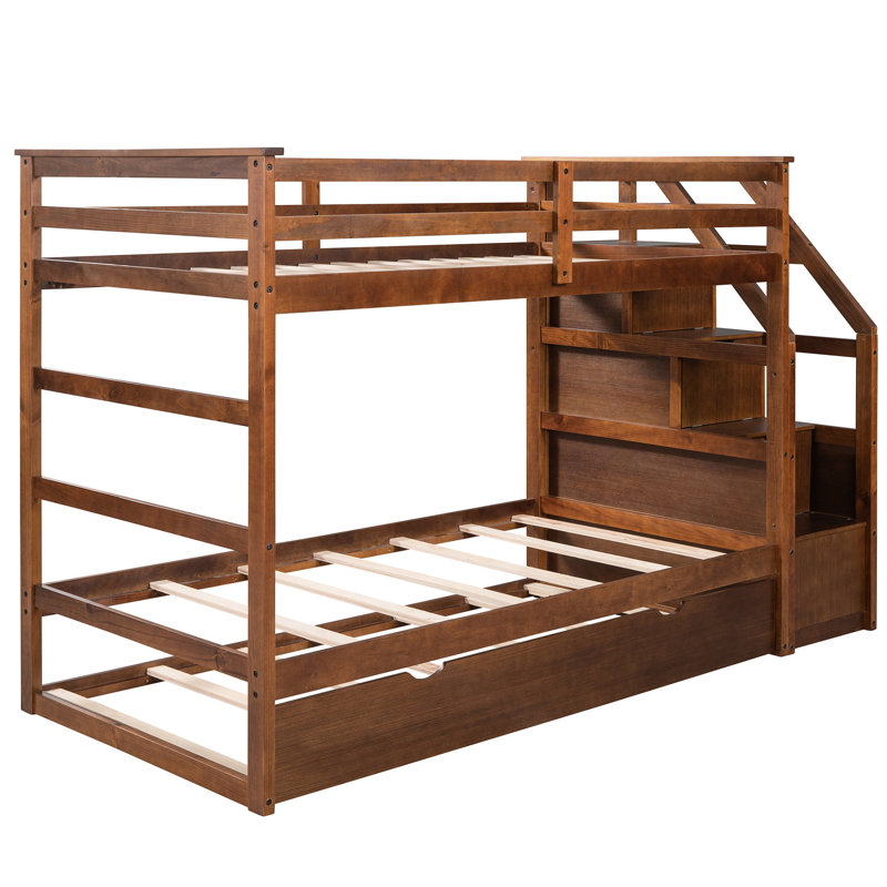 Spacieux lit superposé Twintwin en noyer avec lit gigogne et capacité de rangement organisé