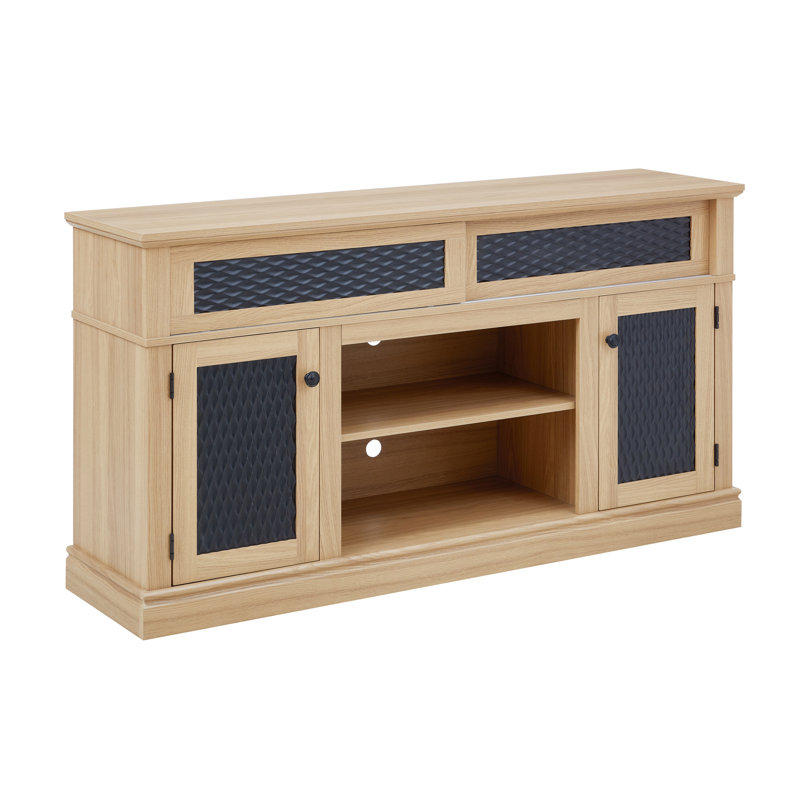 Embossed Pattern TV Stand, TV and Media Console with Open and Closed Storage Space and sliding door, Light Oak