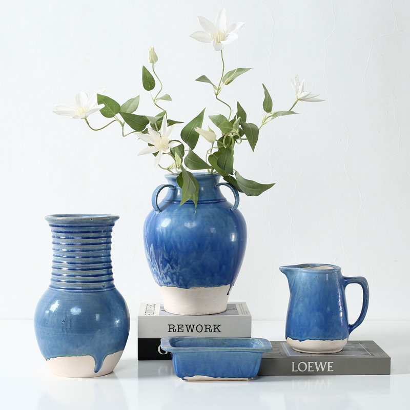 Approx. 11 Inches High Blue-Green Vase with Three Handles (4.7" Opening)