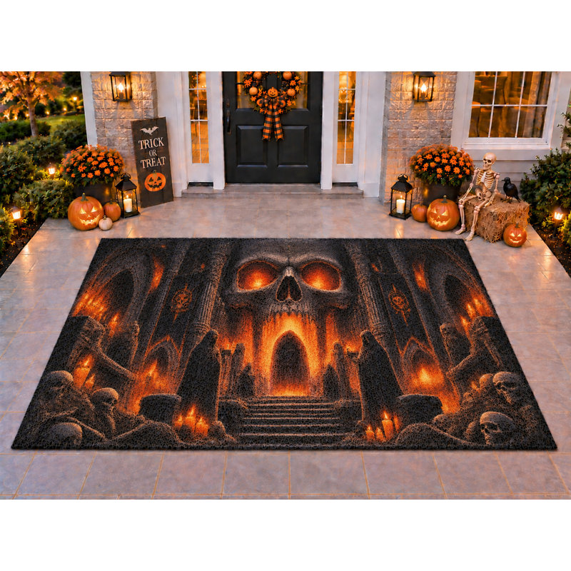 Tapis d'extérieur 152 x 213 cm (5 pi x 7 pi) motif Halloween crâne enflammé et temple hanté, en PVC épais, imperméable et bouclé, idéal pour terrasse, balcon, entrée ou porche. Séchage rapide.