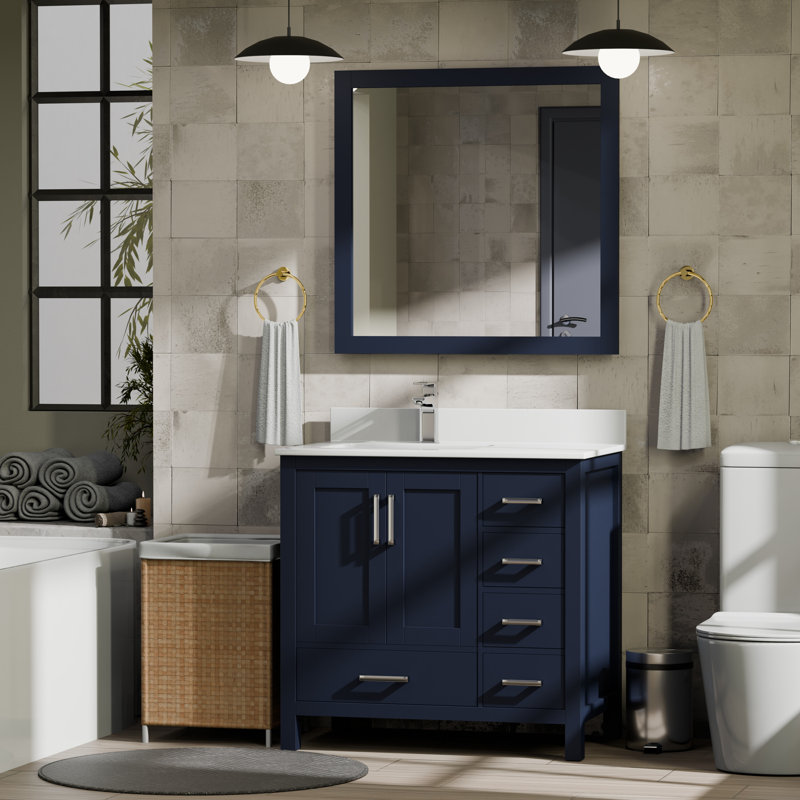 Jacques 36 in. W x 22 in. D Left Offset Bath Vanity, Faucet Set, & 34 in. Mirror, Navy Blue, White Quartz