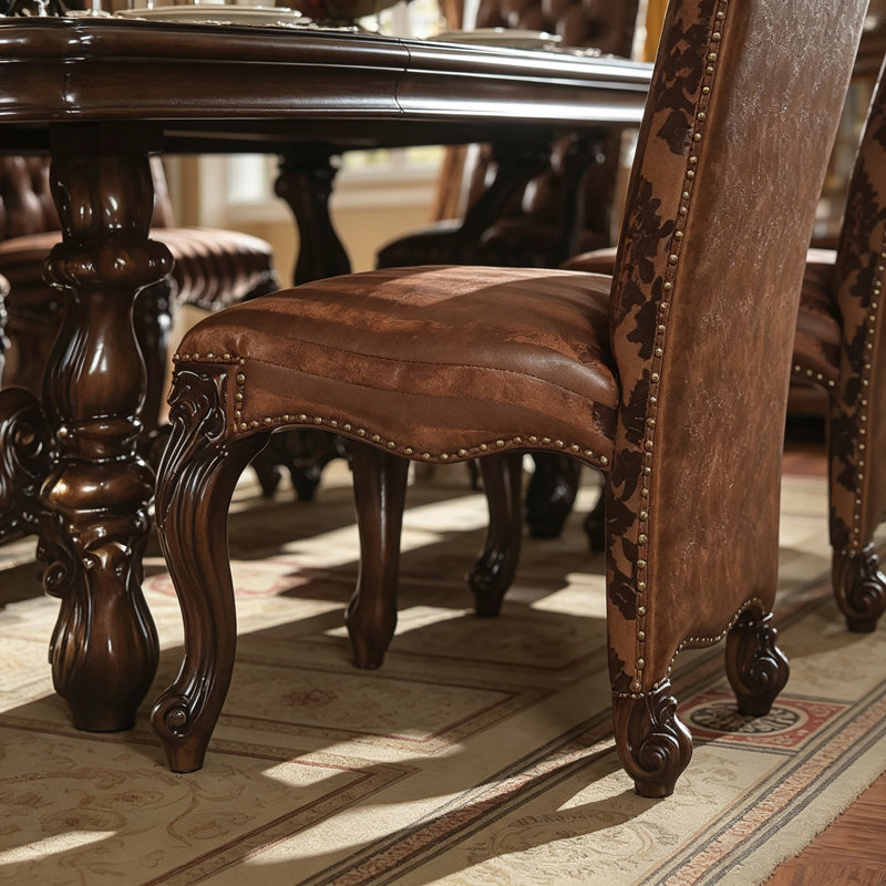 Chaise de salle à manger classique en bois massif sculpté brun avec revêtement en tissu