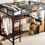 Lit mezzanine double en métal noir avec bureau, tiroirs, fonctionnement silencieux et rangement durable intégré, conception antirouille, réducteur, accès sécurisé