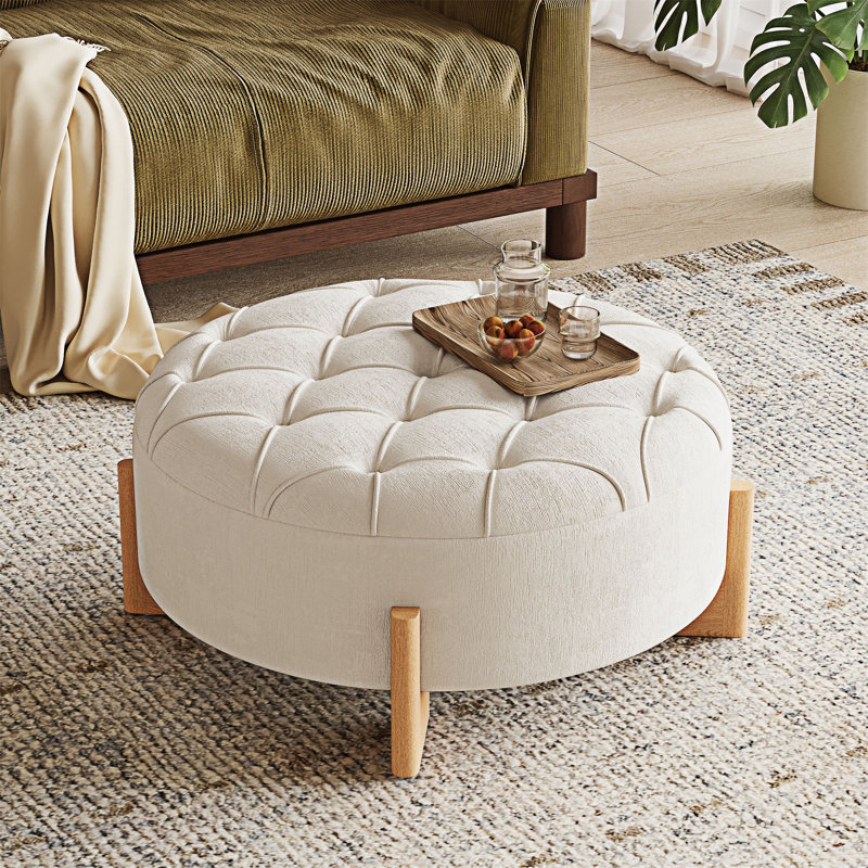 Table basse ronde avec repose-pieds capitonné, Beige / Naturel