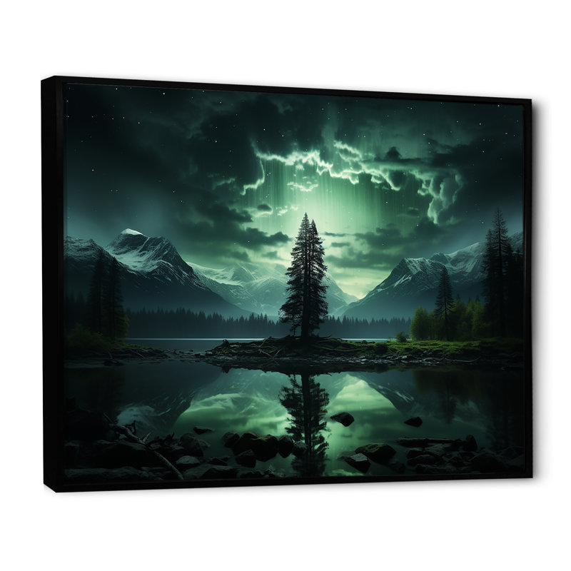 Arbre émeraude dans les aurores boréales II - arbre, art mural, Cadre flottant noir, H 34 po x l 44 po x P 1,5 po