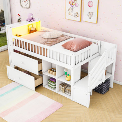 Twin Loft Bed With Warm LED Lighting And Staircase