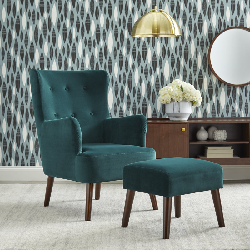 Fauteuil à oreilles et repose-pieds Piersten de 67 cm de large, Velours vert mélèze