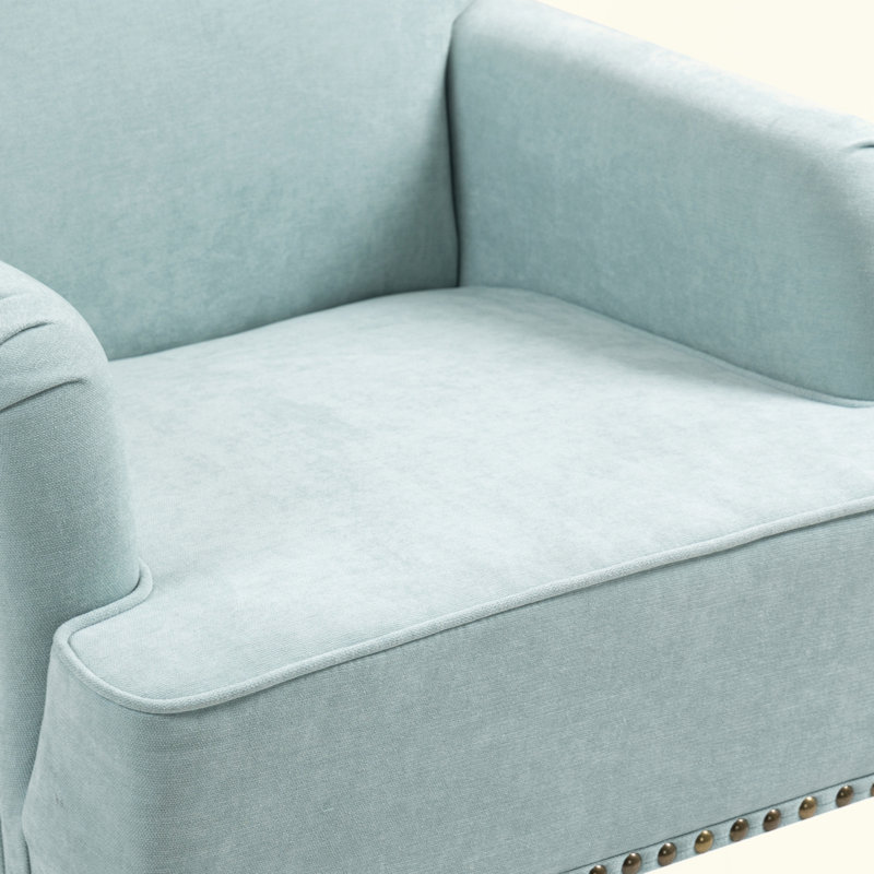 Modern Accent Chair with Retro Wooden Legs & Nailhead Trim, Natural, 35.4" H x 28.9" W x 24" D, Blue Polyester