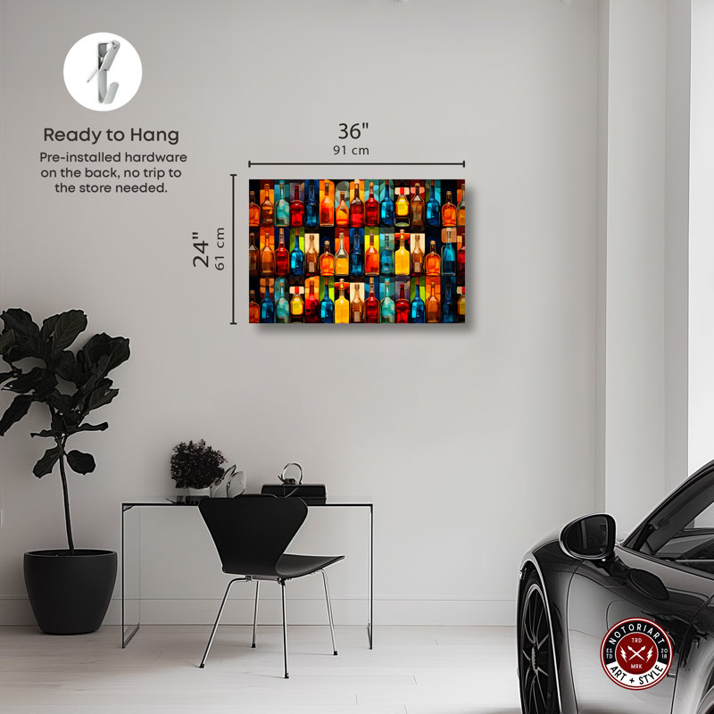 «Wall of Bottles Retro Drinks Bar Cart», impression murale par Notoriart, Toile tendue, H 24 po x l 36 po