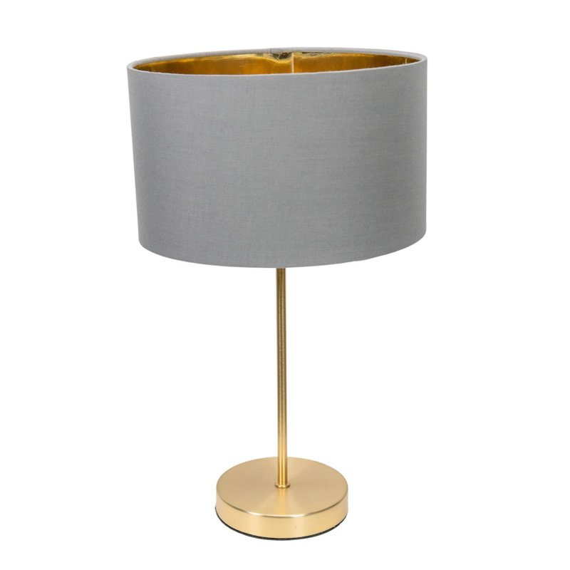 Charlie Gold Stem Metal Table Lamp with Natural with Gold Inner Lamp Shade and LED Bulb, Black, Yes, Gold Base/Grey Shade