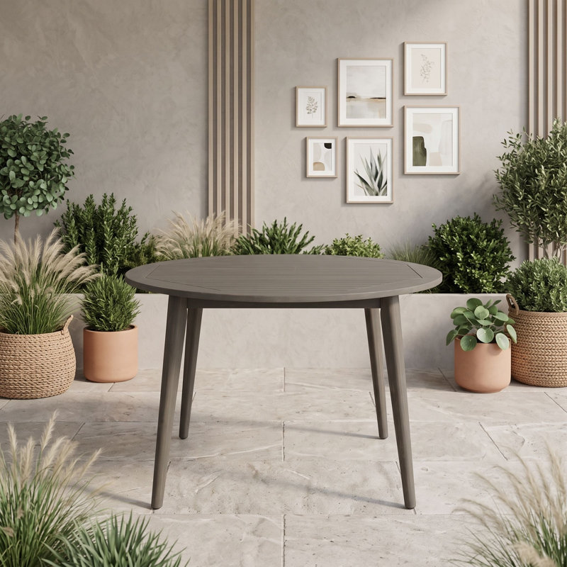 Table de salle à manger moderne en bois avec plateau à lattes et pieds fuselés pour le patio, Gray