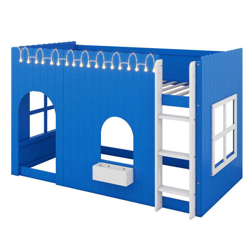 Lit mezzanine en bois, lit mezzanine pour enfants avec guirlande lumineuse à DEL, conception de maison en bois avec fenêtre