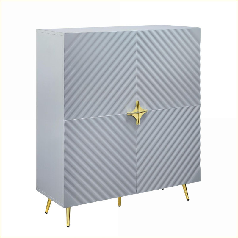 Armoires | Armoire de rangement d'appoint 4 portes haute brillance avec tablettes réglables, pieds en métal, finition gris ardoise ondulée | Contemporain | Salon