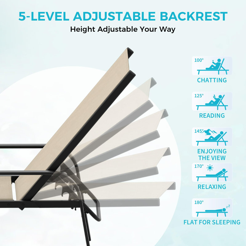 Set of 2 Adjustable Pool Loungers - 5-Position Chaise Chairs with Armrests for Beach, Deck, Yard, Poolside (Brown, 2pcs)