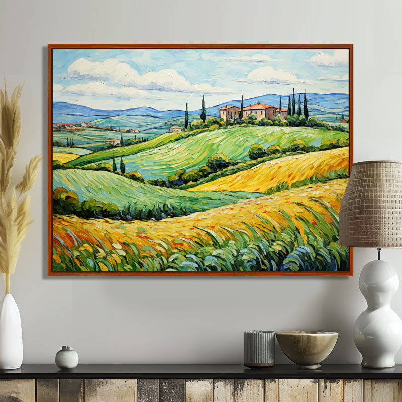 Vangogh Rolling Hills III - Vangogh, reproduction d'art sur toile, H 16 po x l 32 po x P 1 po, Cadre flottant brun