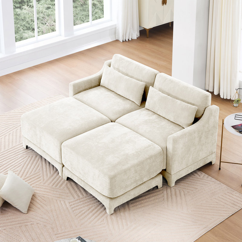 Canapé 2 places avec 2 repose-pieds et 2 coussins lombaires, canapé confortable, Beige