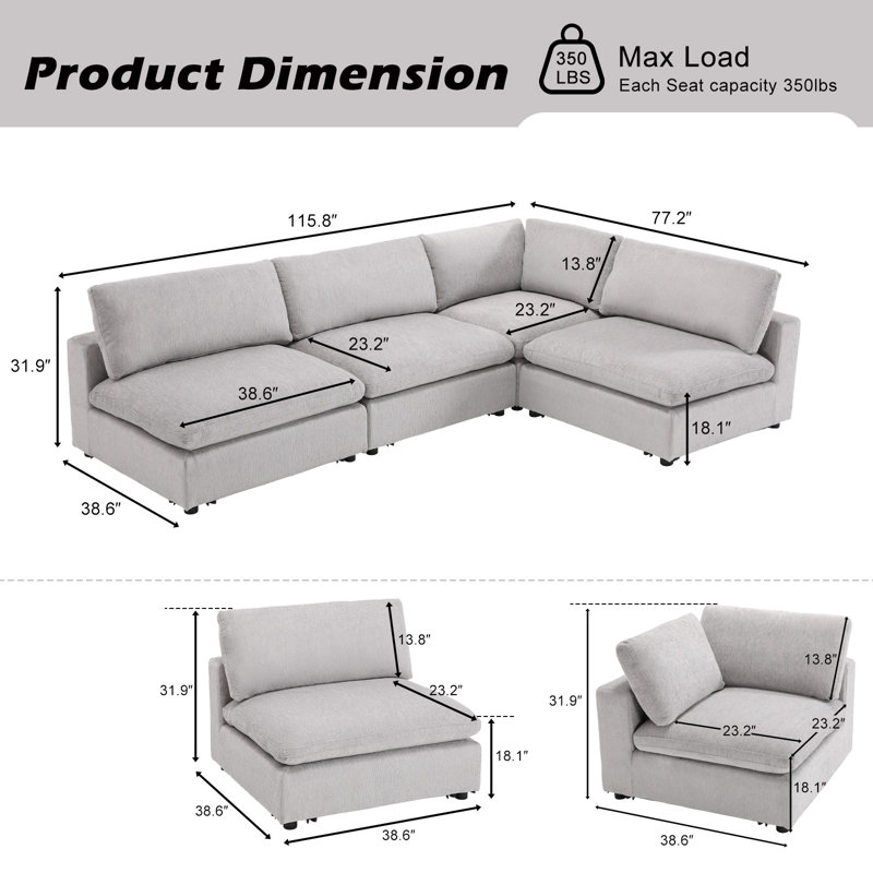 Canapé modulaire rembourré 4 pièces Nuccio, Gris clair