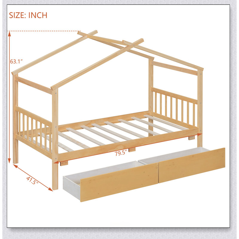 Wooden House Bed With Drawers, Naturel, Lit simple
