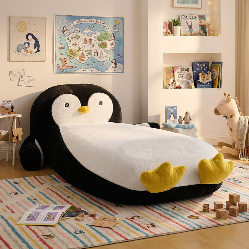 Structure de lit simple rembourrée pour enfants, chaise longue de canapé en forme de pingouin