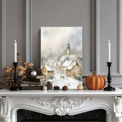 1 pièce d'art mural encadré d'une ville d'hiver, scène d'églises enneigée, à l'aquarelle à main levée. Affiche décorative de style rétro pour le mur, cadeau parfait pour la décoration de la maison, œuvre d'art moderne pour la chambre à coucher ou le salon.
