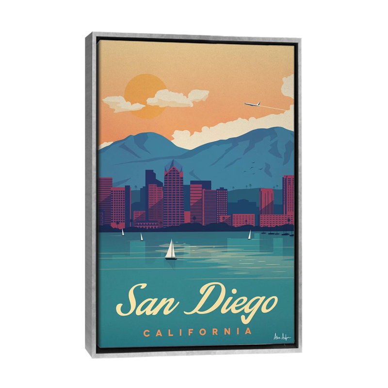 San Diego - impression d'art graphique, H 26 po x l 18 po x 1,5 po, Toile avec cadre argenté, Pas de tapis