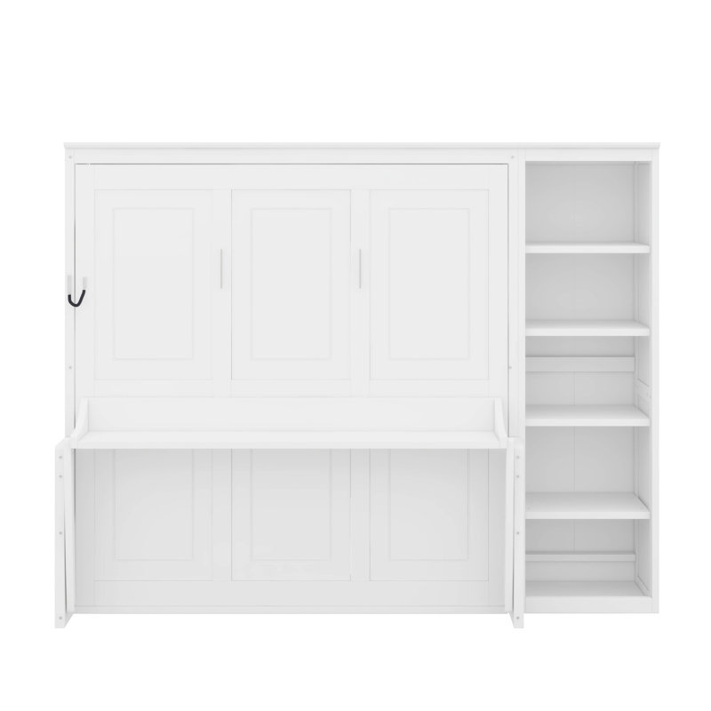 Grand lit escamotable avec bureau et bibliothèque, Blanc, Grand lit