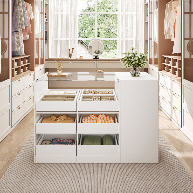 Placard avec 15 tiroirs, armoire de chambre avec plateau en verre, blanc