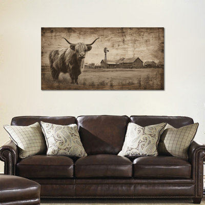  «Highland Cow», art mural sur toile ferme, photos de vache rustique, sépia, peinture sereine, œuvre d'art rétro encadrée pour le salon, la chambre, le bureau, 12 x 24 po