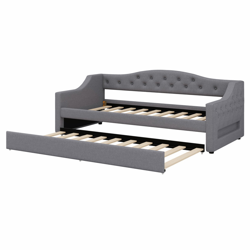 Upholstered Daybed With LED Belt And Trundle, Gray