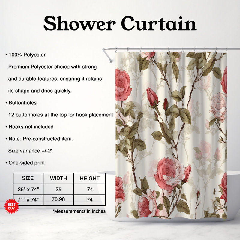 Rideau de douche 1 pièce Crimson Rose, H 74 po x l 71 po