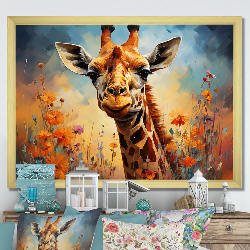 Girafe brune expressionniste - impression, H 34 po x l 44 po x P 1,5 po, Cadre doré simple