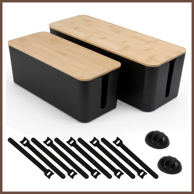 Lot de 2 boîtes de rangement de câbles de style bois, cache-câbles pour multiprises, concentrateur USB et organisation des câbles de bureau