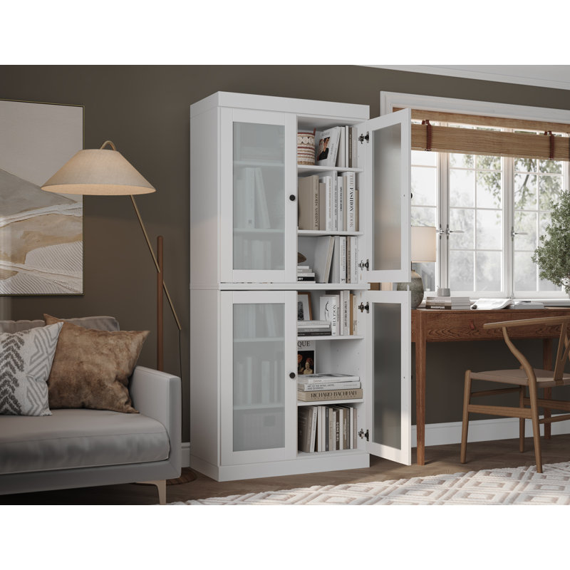 Uriyah 100% Solid Wood 6-Shelf Bookcase with Frosted Glass Doors and Adjustable Shelves, White