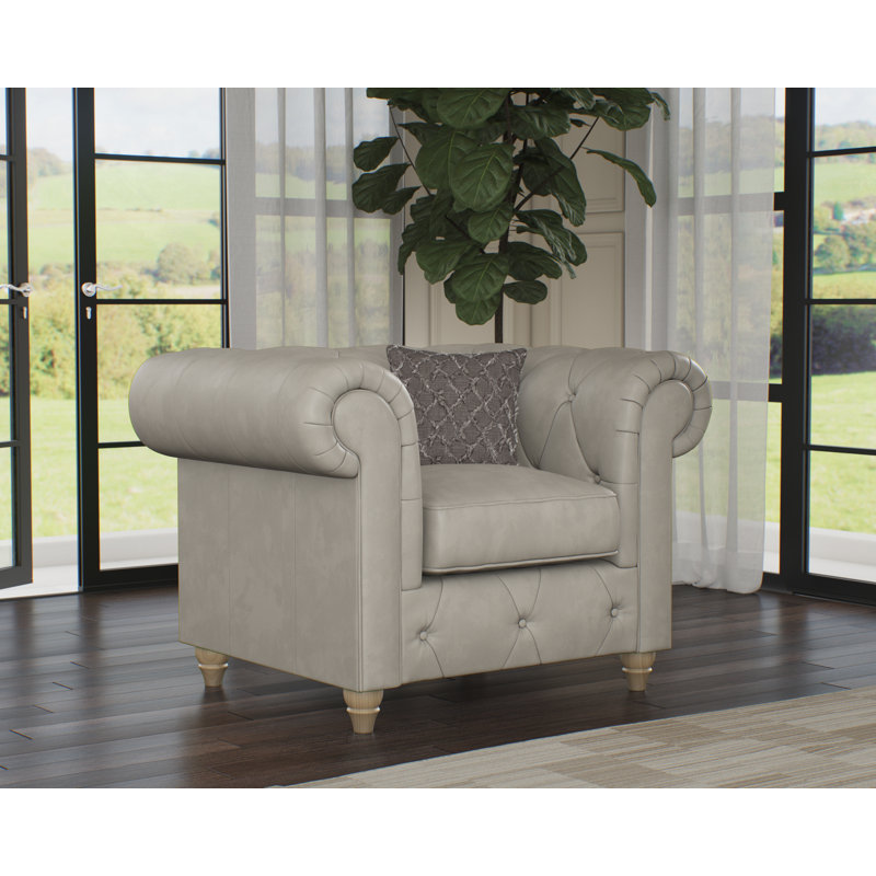 Melrose 115Cm Wide Tufted Genuine Leather Armchair, Cloud Grey, Walnut