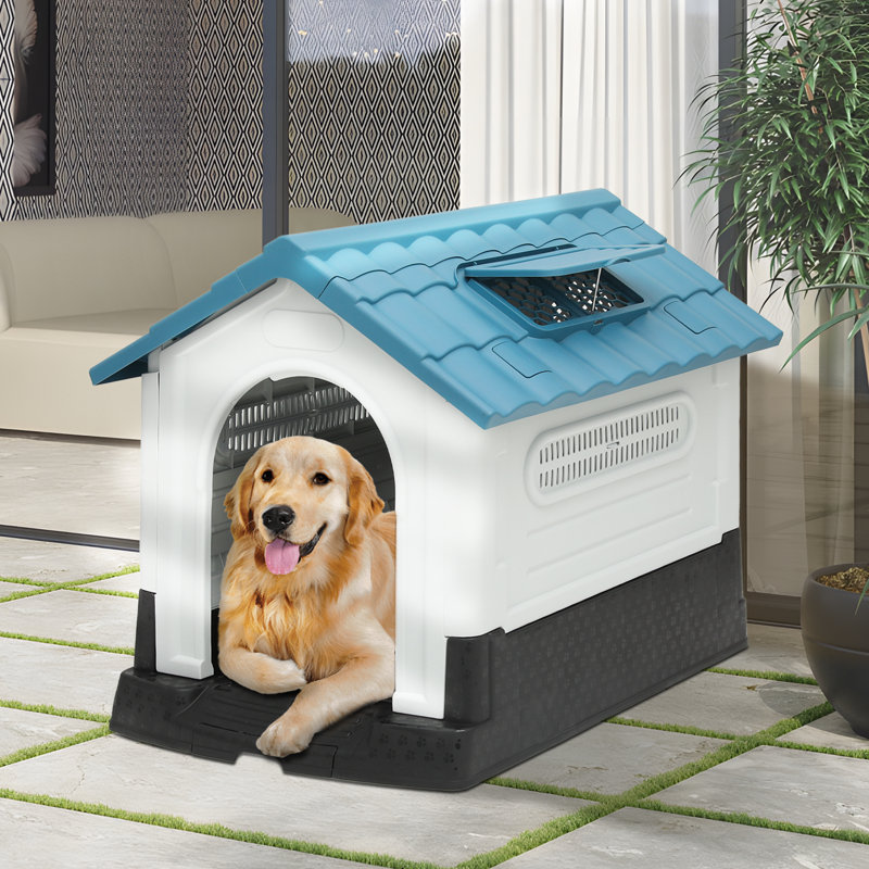 Medium Blue and White Plastic Dog House with Skylight