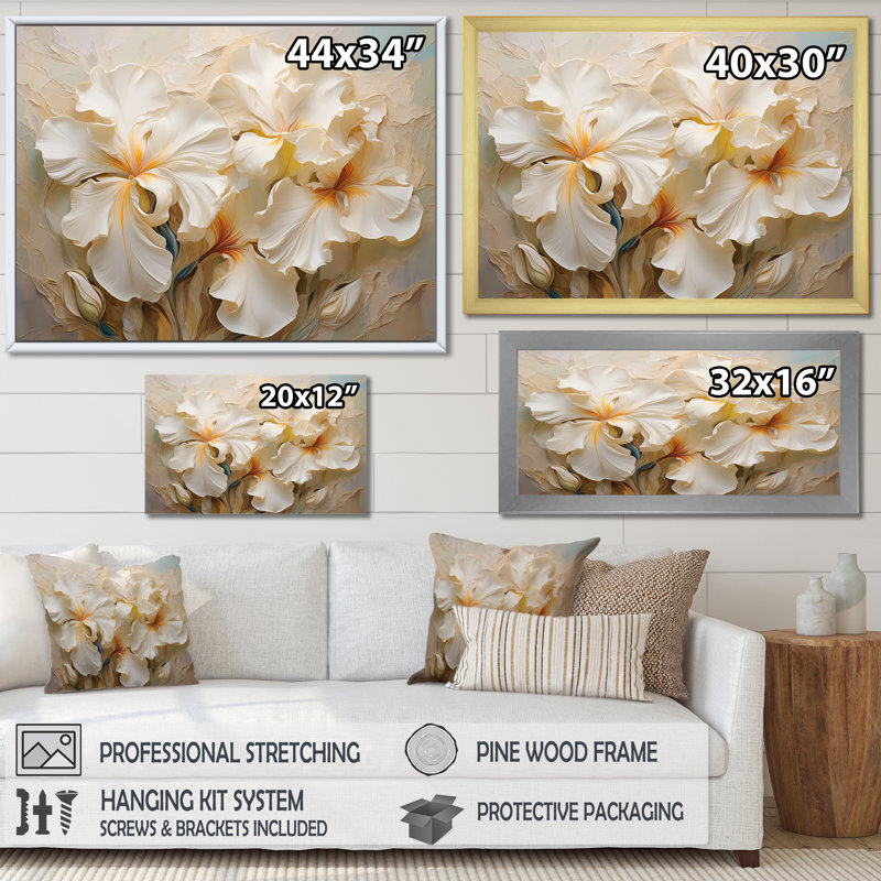 Golden Serenade of Irises I sur impression sur toile, Cadre naturel flottant, H 16 po x l 32 po