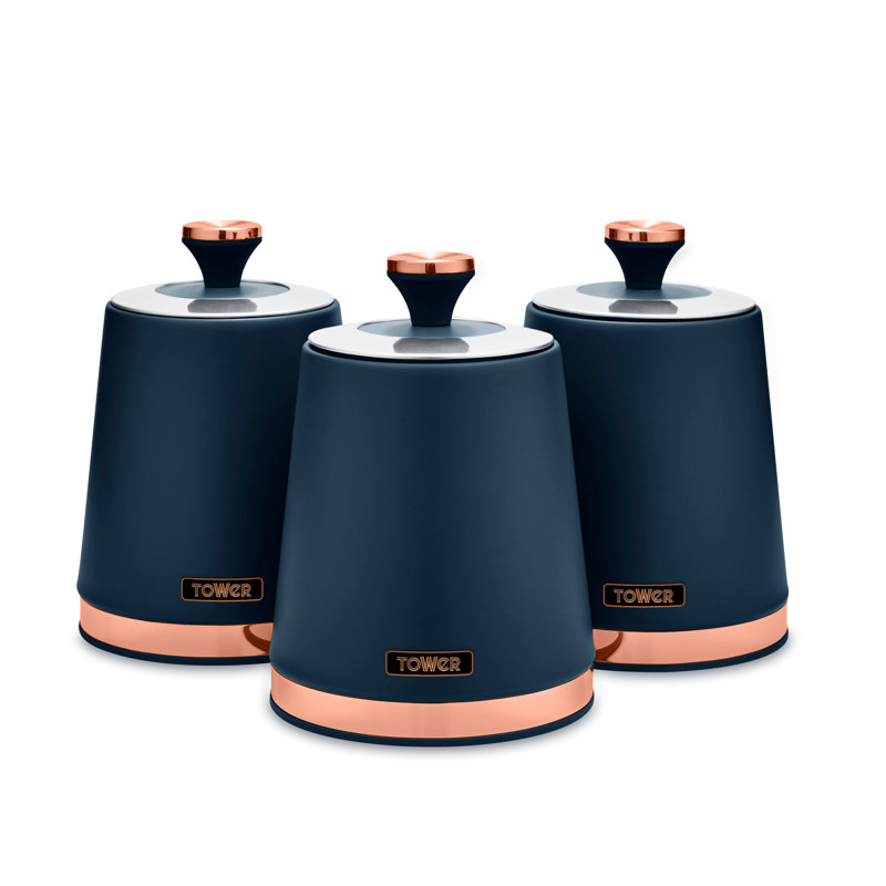 Tower Cavaletto Pieces of 3 Storage Canisters for Tea/ Coffee/ Sugar, Steel, Midnight Blue