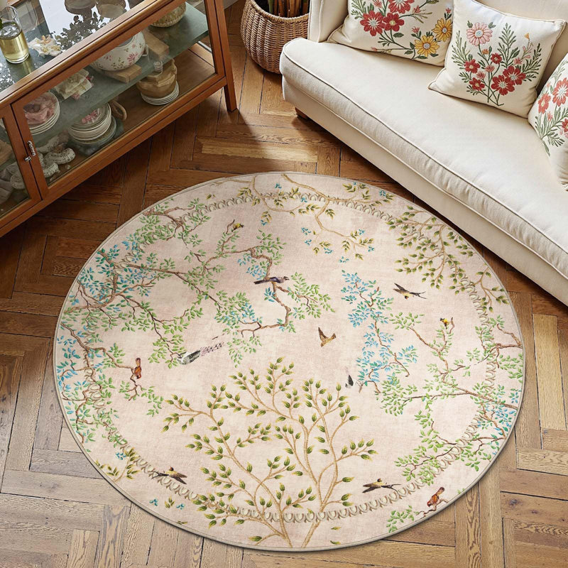 Floral Rug Botanical Birds Print Nature Plants Washable Non-slip Natural Beige/Pink, Round 6', Beige/Pink