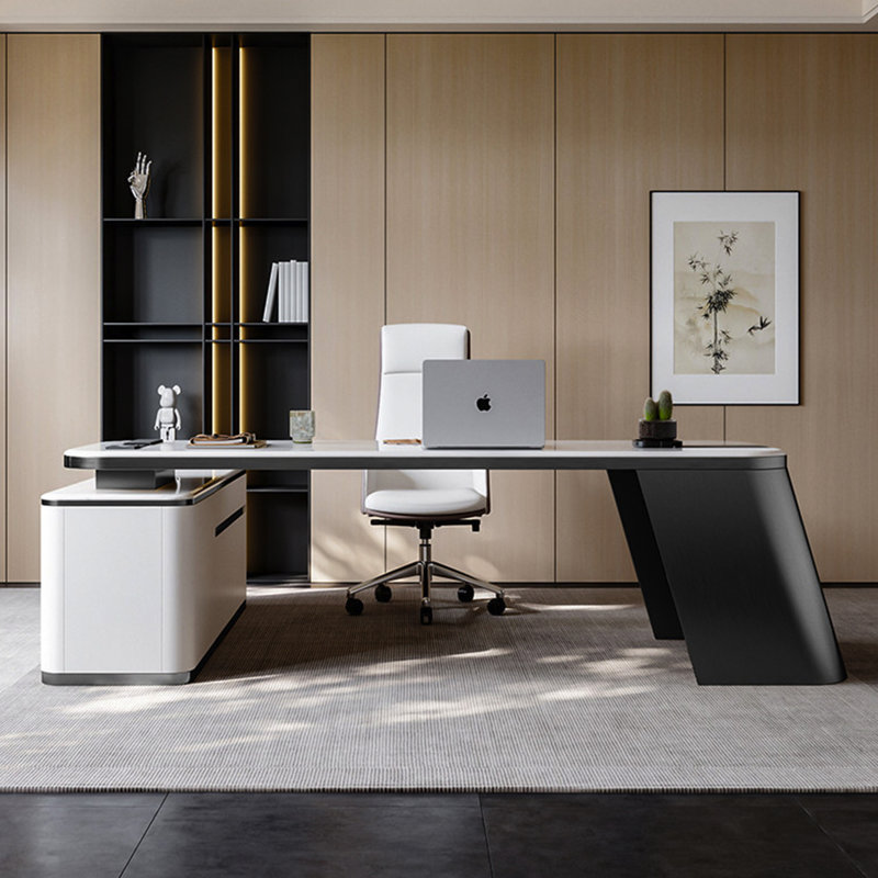 Bureau en pierre frittée en forme de L italien de luxe avec armoire de rangement grande capacité et multiprise multifonctionnelle