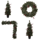 Vickerman Artificial 4 Piece Decorated Front Door Set with 200 Battery Operated Warm White 3MM LED lights. Includes two 3.5' Potted Trees, one 30" Wreath and one 9' Garland.