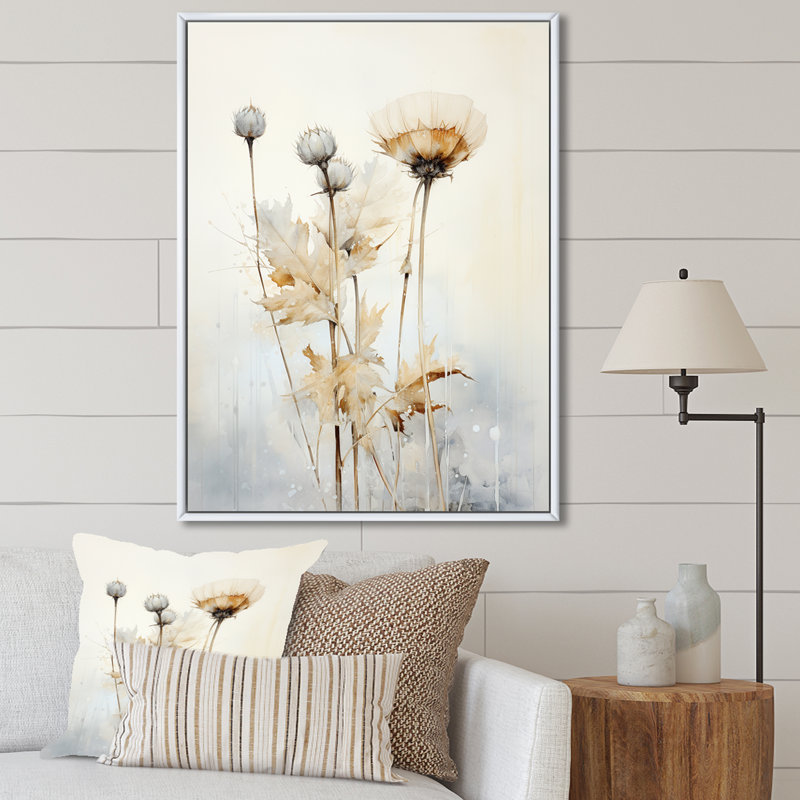 «Beige chardon», art mural de salon chardon, H 20 po x l 12 po, Cadre flottant blanc