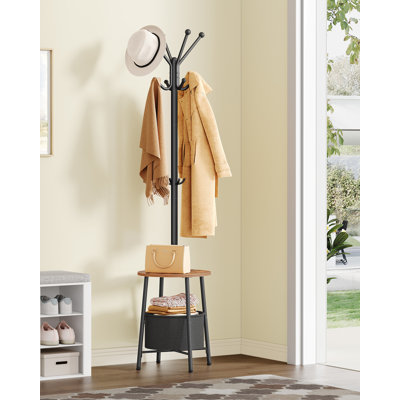 Coat Rack, Coat Stand with 12 Hooks for Small Space, Coats Tree with Large Storage Basket and 1 Shelf for Bag Jacket Hats, Hallway, Living Room, Bedroom, Office, Rustic Brown