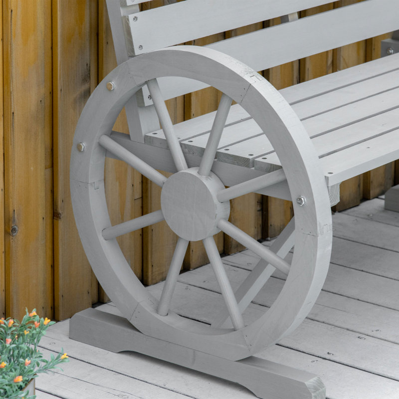 Outsunny 41" Wooden Wagon Wheel Bench, Rustic Outdoor Patio Weather Resistance Furniture, 2-Person Slatted Seat Bench With Backrest, Light Gray