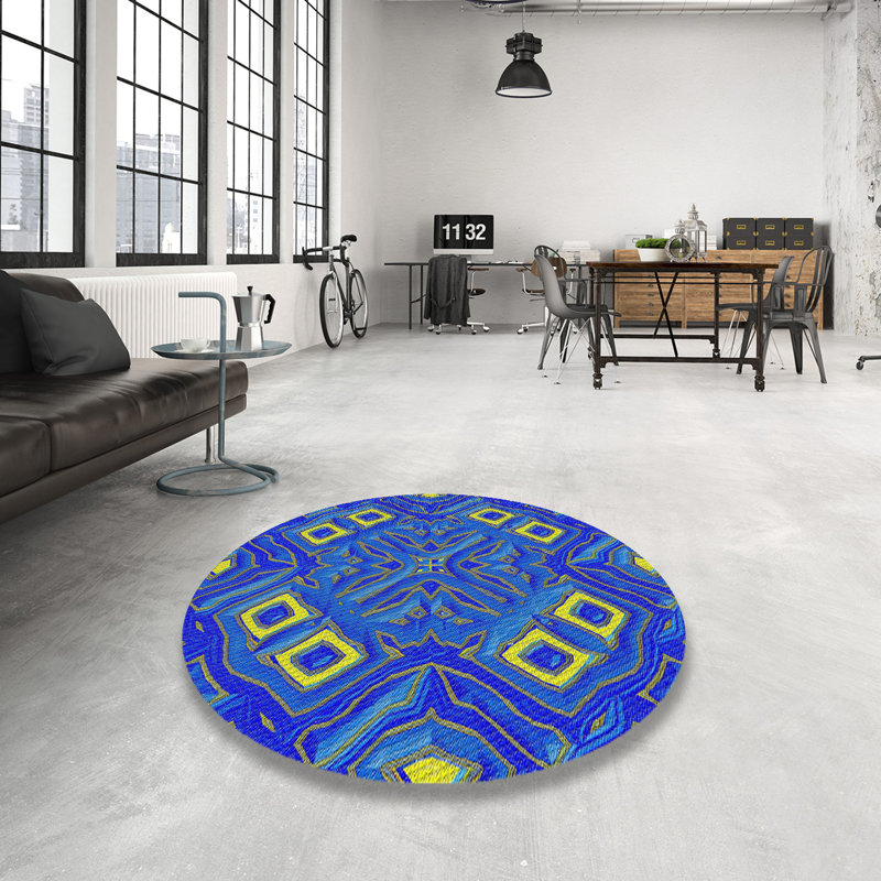 Tapis bleu/jaune à motifs, Rond 7 pi