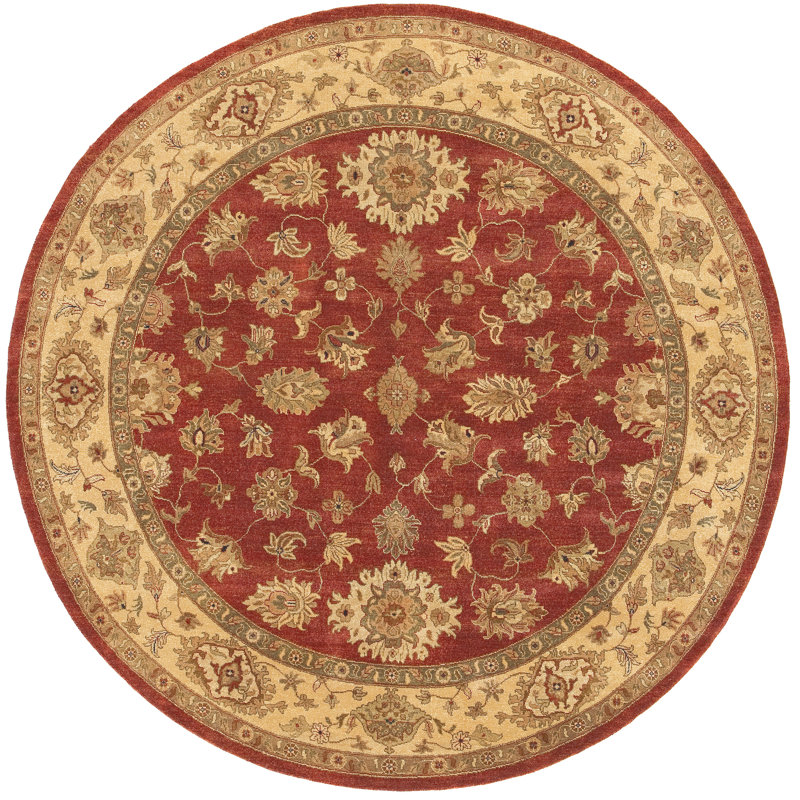 Tapis en laine ivoire / olive / rouge, Rond 8 pi