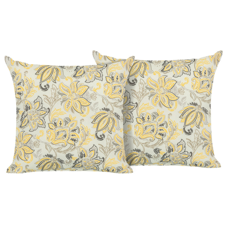 Outdoor Patio Water-Resistant Throw Pillows Set of 2, Ink Floral Pattern, Yellow/Gray Floral